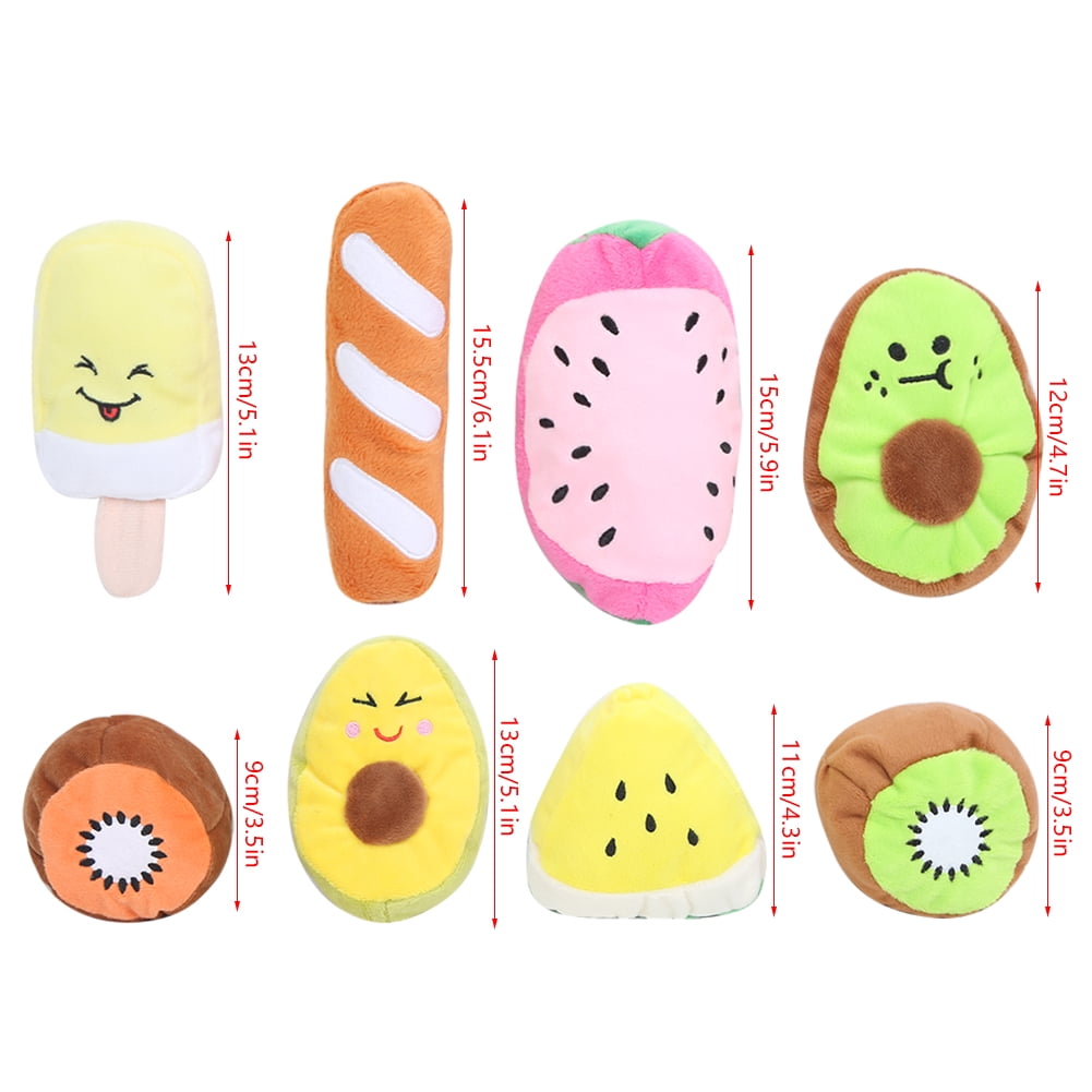 YAHHU 8 Pcs Pet Dog Puppy Chew Plush Sound Fruit Series Toys Interactive Training Toys Set, Multicolor, For Gentle Chewers, 11.02 inches / 28.00 cm Long, Squeaky Dog Toys for All Sizes