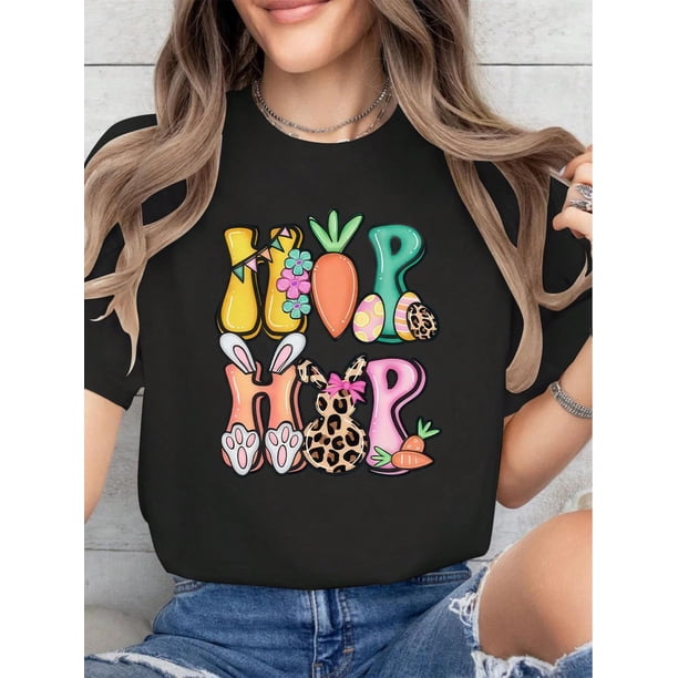Easter Eggs And Rabbits Print T-Shirt, Casual Crew Neck Short Sleeve Comfort Tee Top For Spring & Summer, Women's Clothing Tee For Adult, Men, Women, Teen, Teenager, Adolescent, Youth.