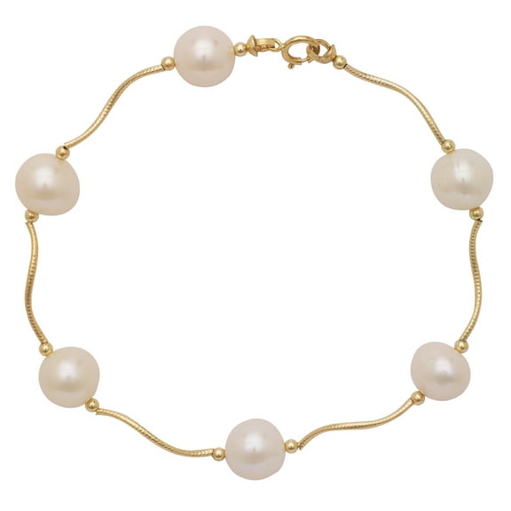 Tilo Jewelry 14K Yellow Gold 8.5-9mm Freshwater Pearl Station Beaded Bracelet | 7.5 Inch | Women & Girls