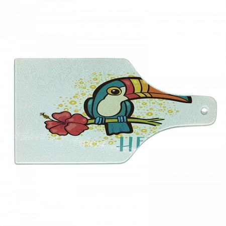 

Hello Cutting Board Tropical Hello from Hawaiian Island Ramphastidae Toucan Bird with Hibiscus Flower Tempered Glass Cutting and Serving Board Wine Bottle Shape Multicolor by Ambesonne
