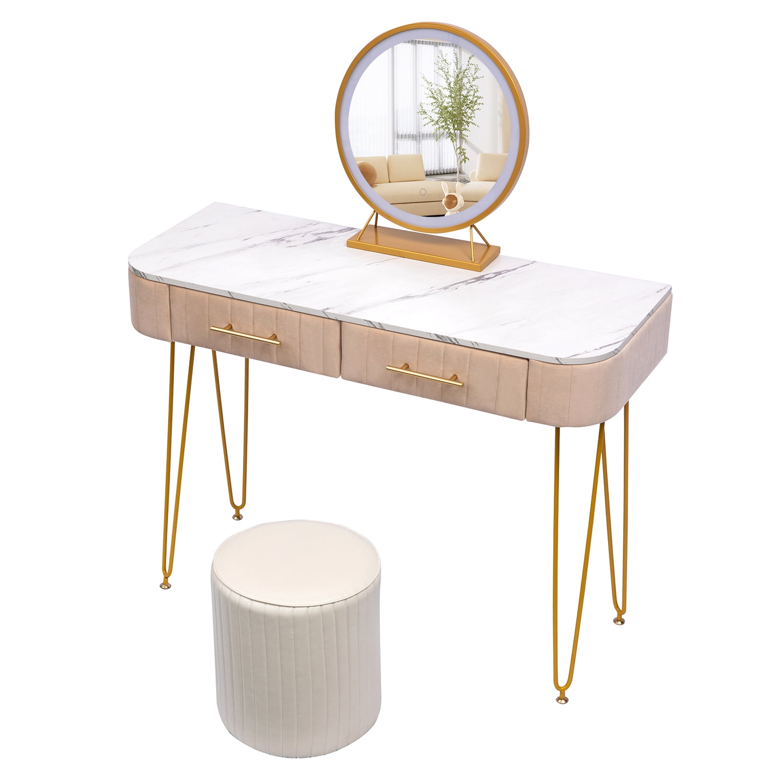Resenkos Makeup Vanity Desk with Round Mirror and LED Lights for Bedroom, 40" Dressing Table Dresser Stool Resenkos Makeup Vanity Desk with Round Mirror and LED Lights for Bedroom, 40" Dressing Table Dresser Stool