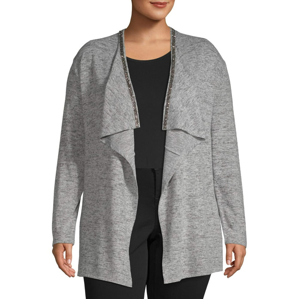 Concepts Concepts Women's Plus Size Long Sleeve Drape Front Cardigan with Embellished Neck