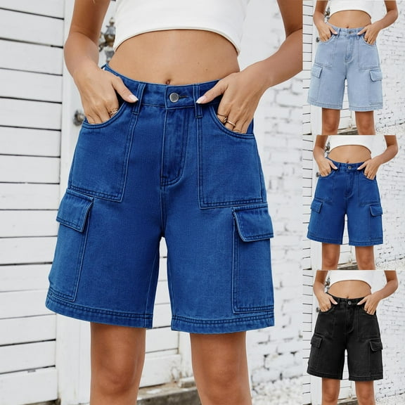 HaiMao Womens Cargo Jean Shorts Clearance High Waisted Microelastic Straight Leg Long Denim Shorts Light Blue XL(XL)