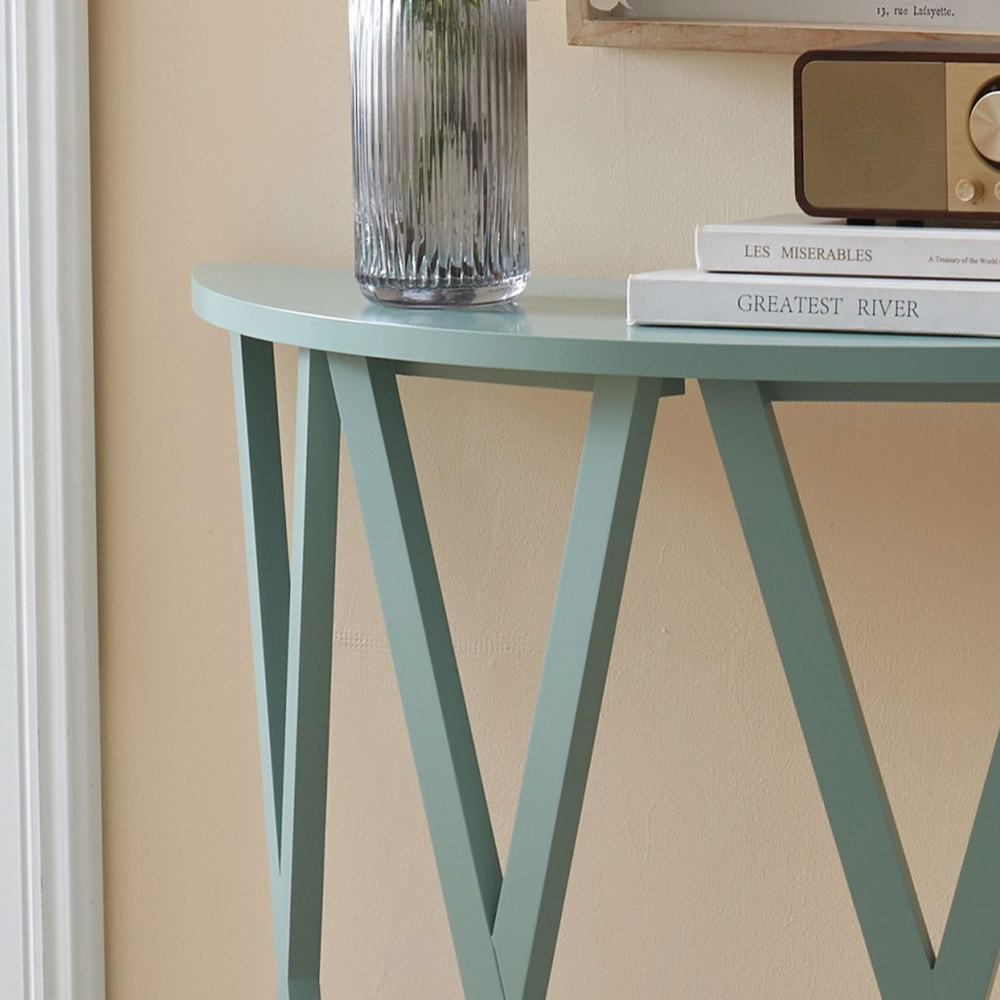 Kings Brand Furniture Vienna Half Moon Wood Console Table for Entryway, Accent Sofa Table for Living Room, Hallway, Foyer, Entrance, Ice Blue