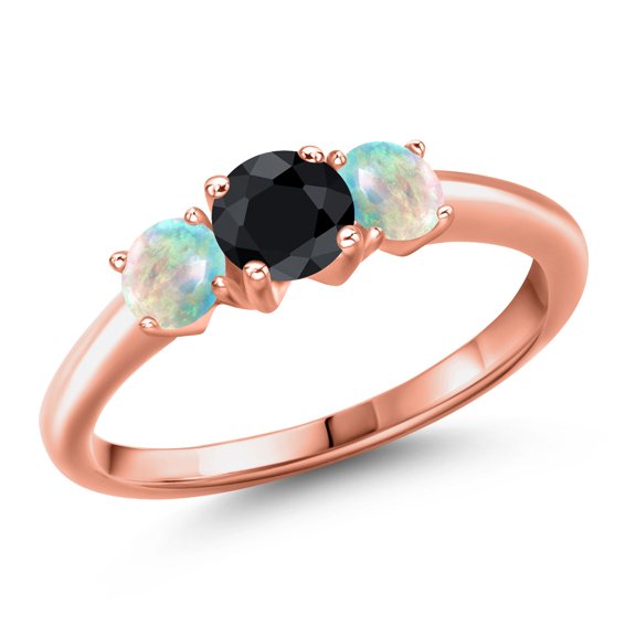 Gem Stone King 18K Rose Gold Plated Silver Black Sapphire and Simulated White Opal Engagement Ring for Women | 1.19 Cttw | Round 5MM | Gemstone September Birthstone | Size 8