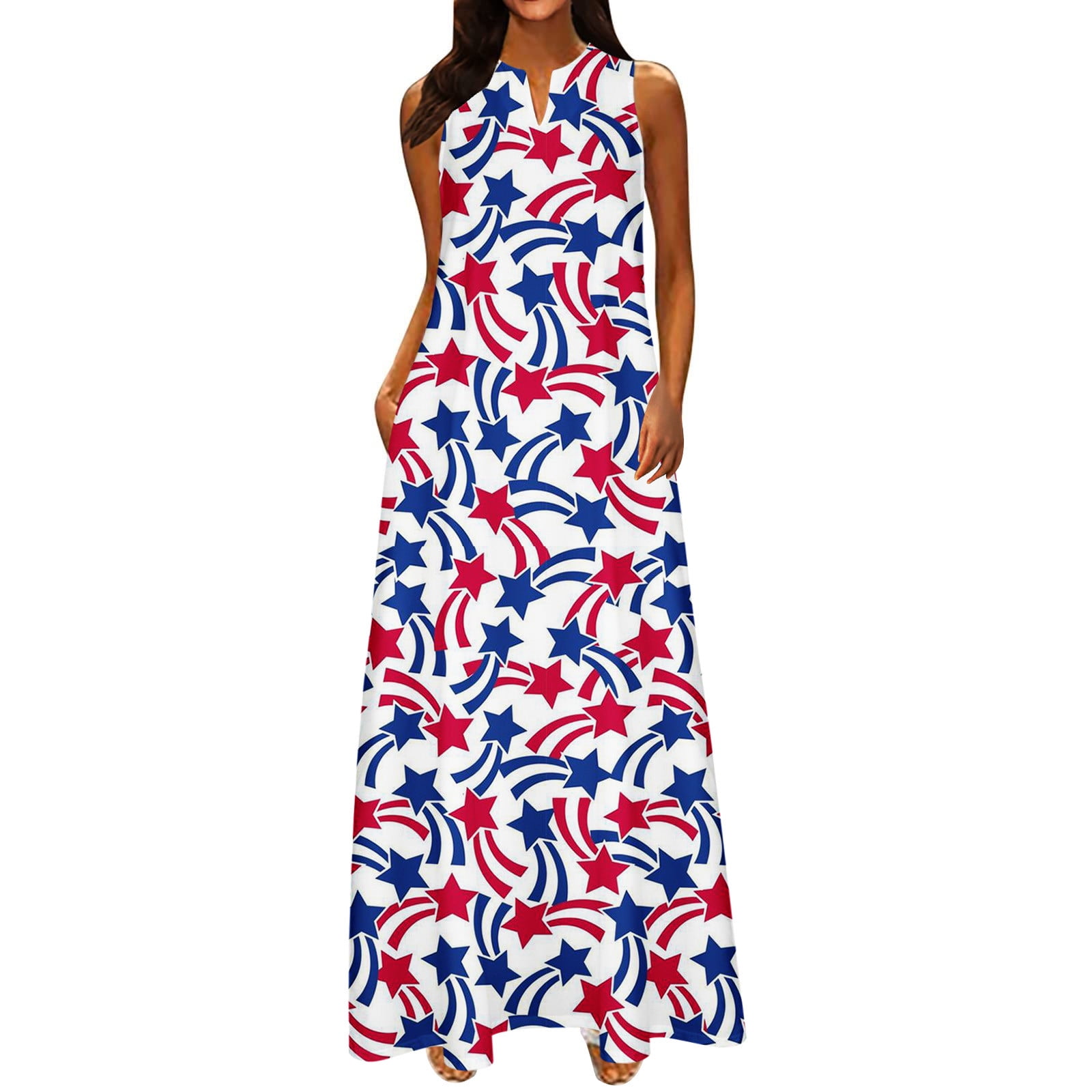American Flag Maxi Dress for Women 4th of July Patriotic Long Tank