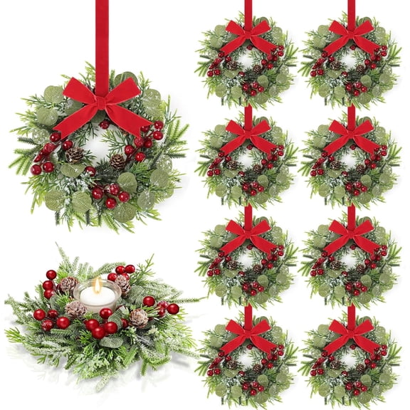 Guvpev 8 Pcs 9.2" Mini Christmas Wreaths for Cabinets Small Wreath Kitchen with Ribbon Christmas Decorations Candle Rings Red Berry Pine Cone Wreaths for Windows Farmhouse Xmas Decor Table