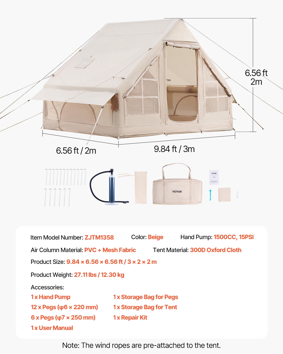 VEVOR Inflatable Tents for Camping, 3-5 Person Easy Setup Blow up Tent with Hand Pump, 300D Oxford 4 Season Glamping Tent with Stove Jack 2 Doors & 2 Mesh Windows, Storage Bag Included