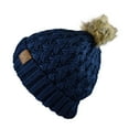 thumbnail image 3 of C.C Thick Cable Knit Faux Fuzzy Fur Pom Fleece Lined Skull Cap Cuff Beanie, Lattice Navy, 3 of 4