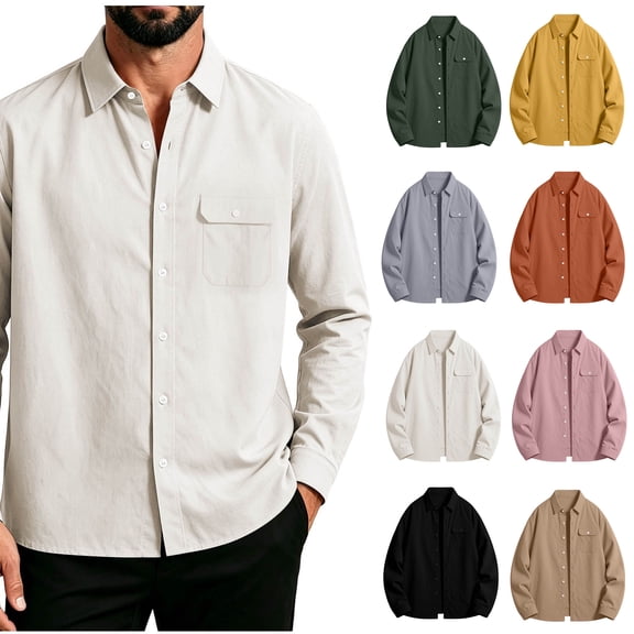 Xaqiouau Men Solid Color Turn Down Collar Chest Pocket Button Down Long Sleeve Daily Commute Work Casual Woven Shirt White XXL