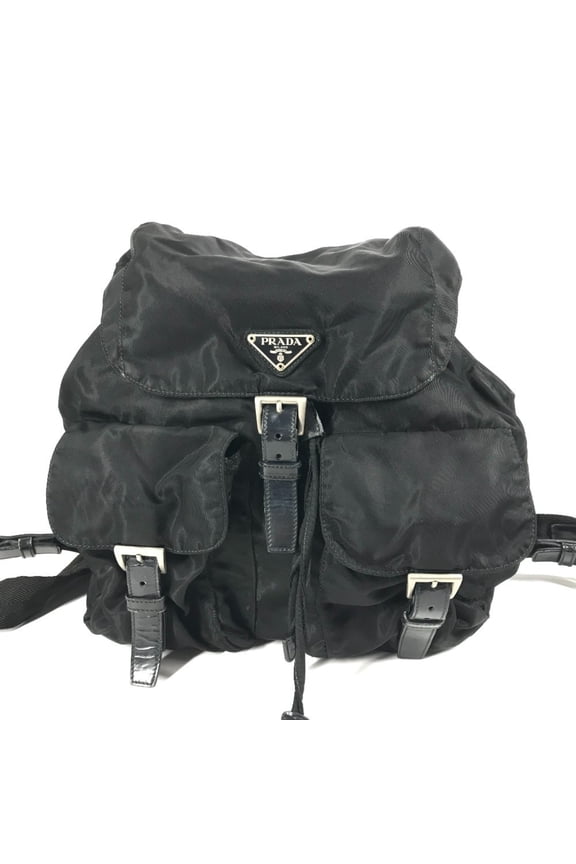 Pre-Owned PRADA Prada Triangle Logo Plaque Backpack Leather Nylon Men's Women's Black (Good)