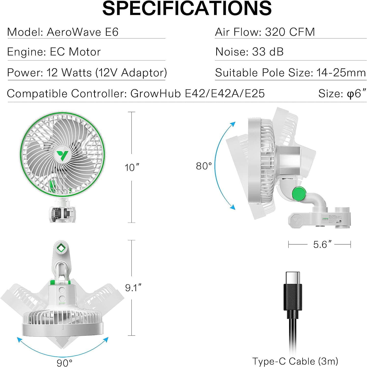 VIVOSUN AeroWave E6 Grow Tent Fan 6”, Smart Wifi Control, US Patented Auto Oscillating Clip fan, Strong Airflow but Low Noise, and Fully-Adjustable Tilt for Hydroponic Ventilation Circulation, White
