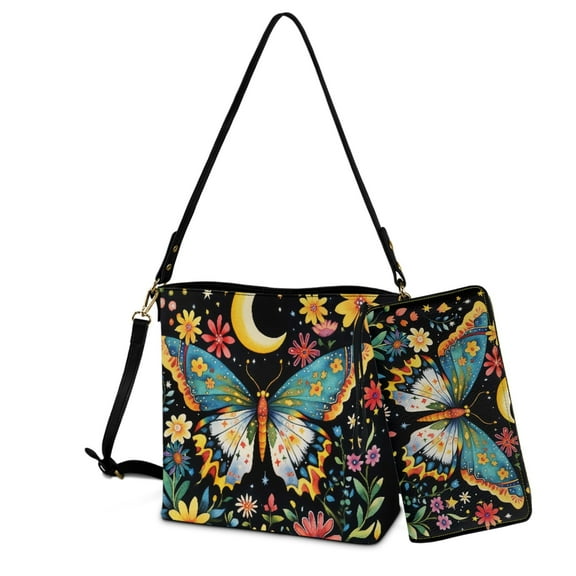 ZUXONGSY Butterfly Flower Moon Print Casual Crossbody Handbag with Leather Wallet for Women, Fashion Bucket Bag Tote Purse Set for Dating Business