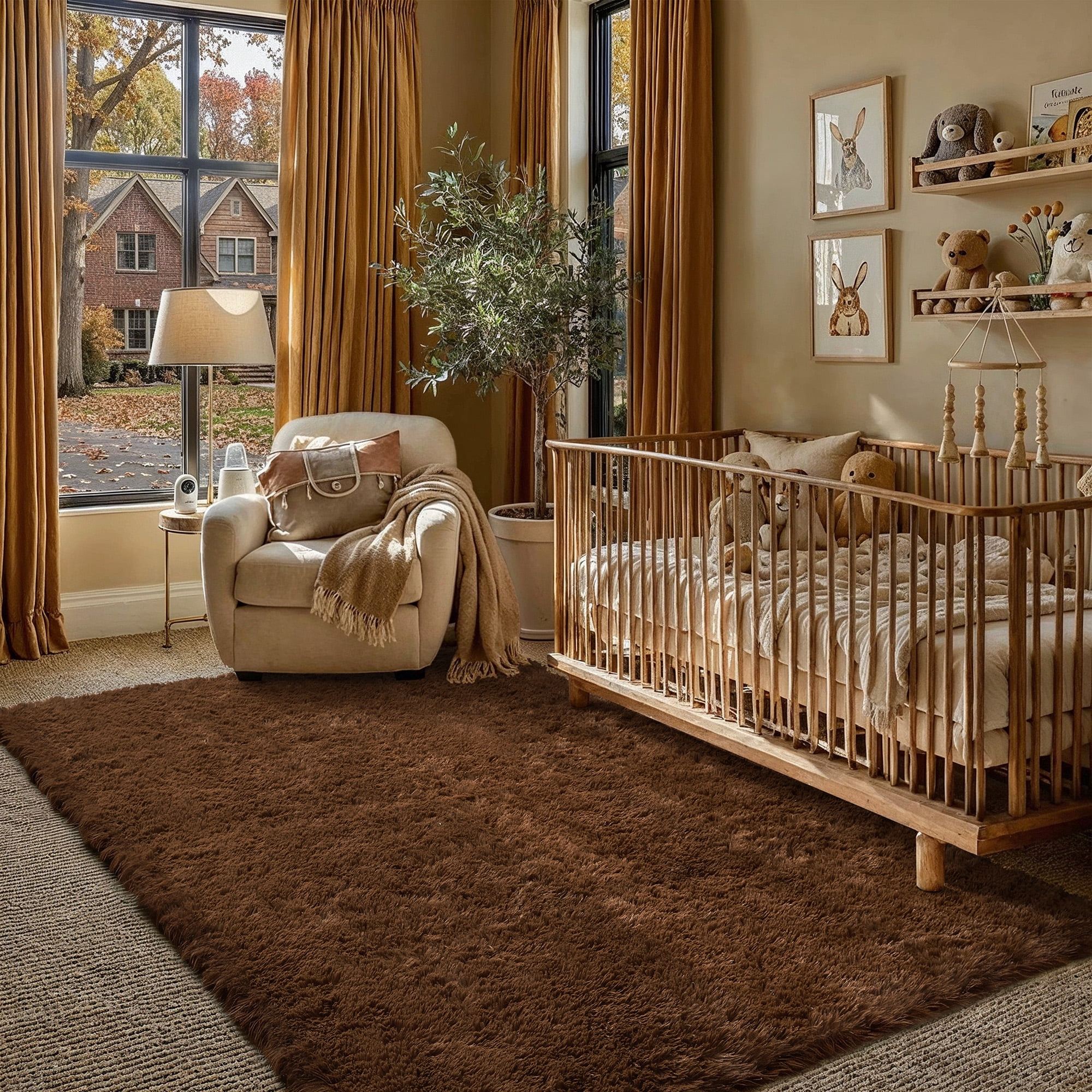 BERTHMEER 5'x8' Shag Area Rugs for Bedroom Dorm Entrance Laundry Entryway Modern Contemporary Plush Soft Carpets Indoor Fuzzy Fluffy Washable Rugs, Coffee