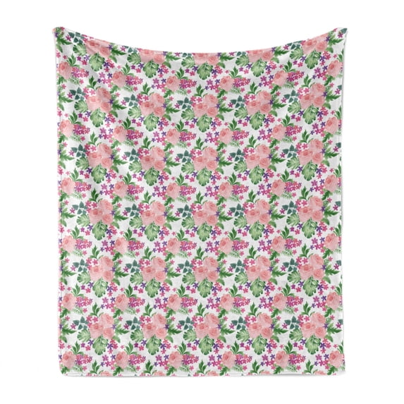 Rose Soft Flannel Fleece Throw Blanket, Pastel Blooms Summer Garden Leaves Revival Bouquets Iris Foliage Pattern, Cozy Plush for Indoor and Outdoor Use, 50" x 60", Coral and Multicolor, by Ambesonne