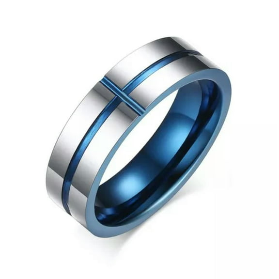 6MM Blue Plating Cross Tungsten Carbide Ring Mens Silver Polished Band Size 7-12