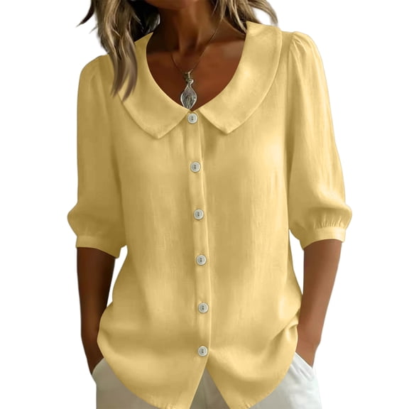 3/4 Length Sleeve Womens Tops Button Down V Neck Summer Shirts Casual Slim Fit Peter Pan Collar Shirt