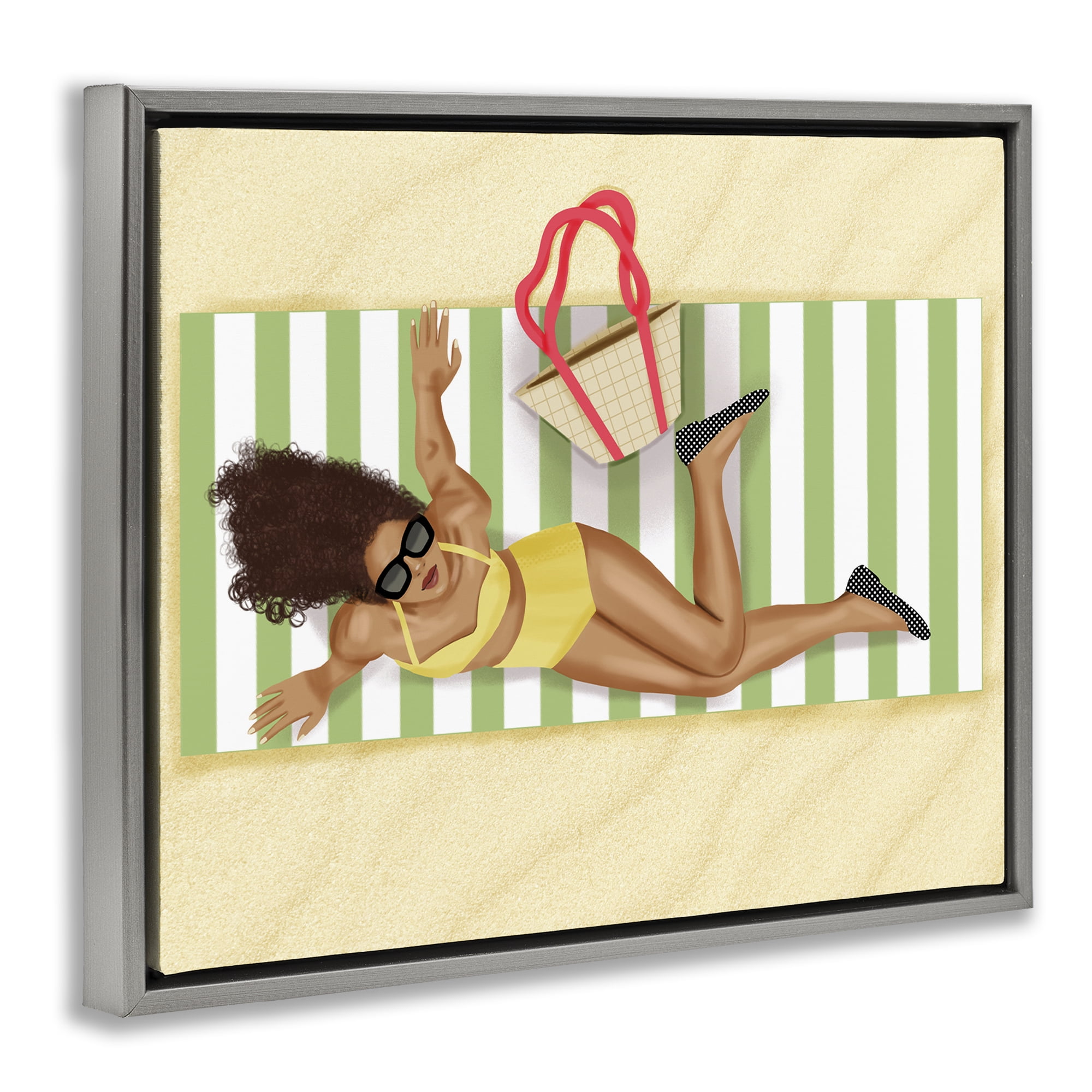 Stupell Industries Woman on Beach Blanket People Painting Gray Floater Framed Canvas Art Print Wall Art, 21 x 17