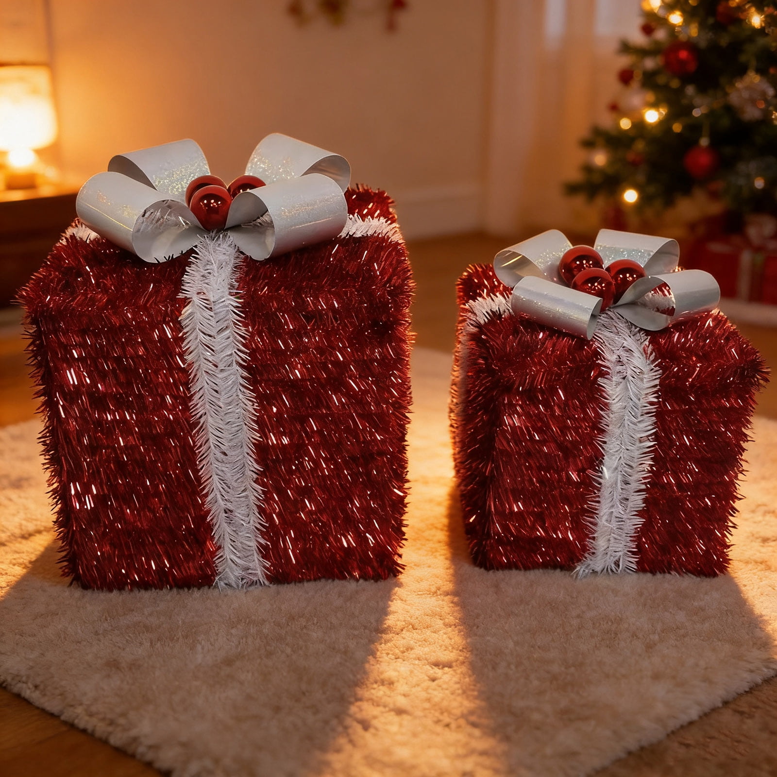 Tinsel Gift Boxes Christmas Decorations, Red and Silver, 2 Piece, by Holiday Time