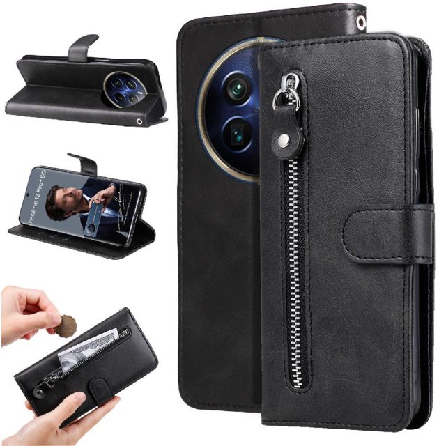 Estuche de Cuero PU con Cierre para Realme 12 Pro Plus , Funda Protectora con Billetera y Correa