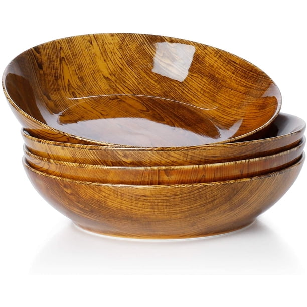 Sweese 113.251 Porcelain Salad Pasta Bowls 45 Ounce Set of 4, Woodgrain