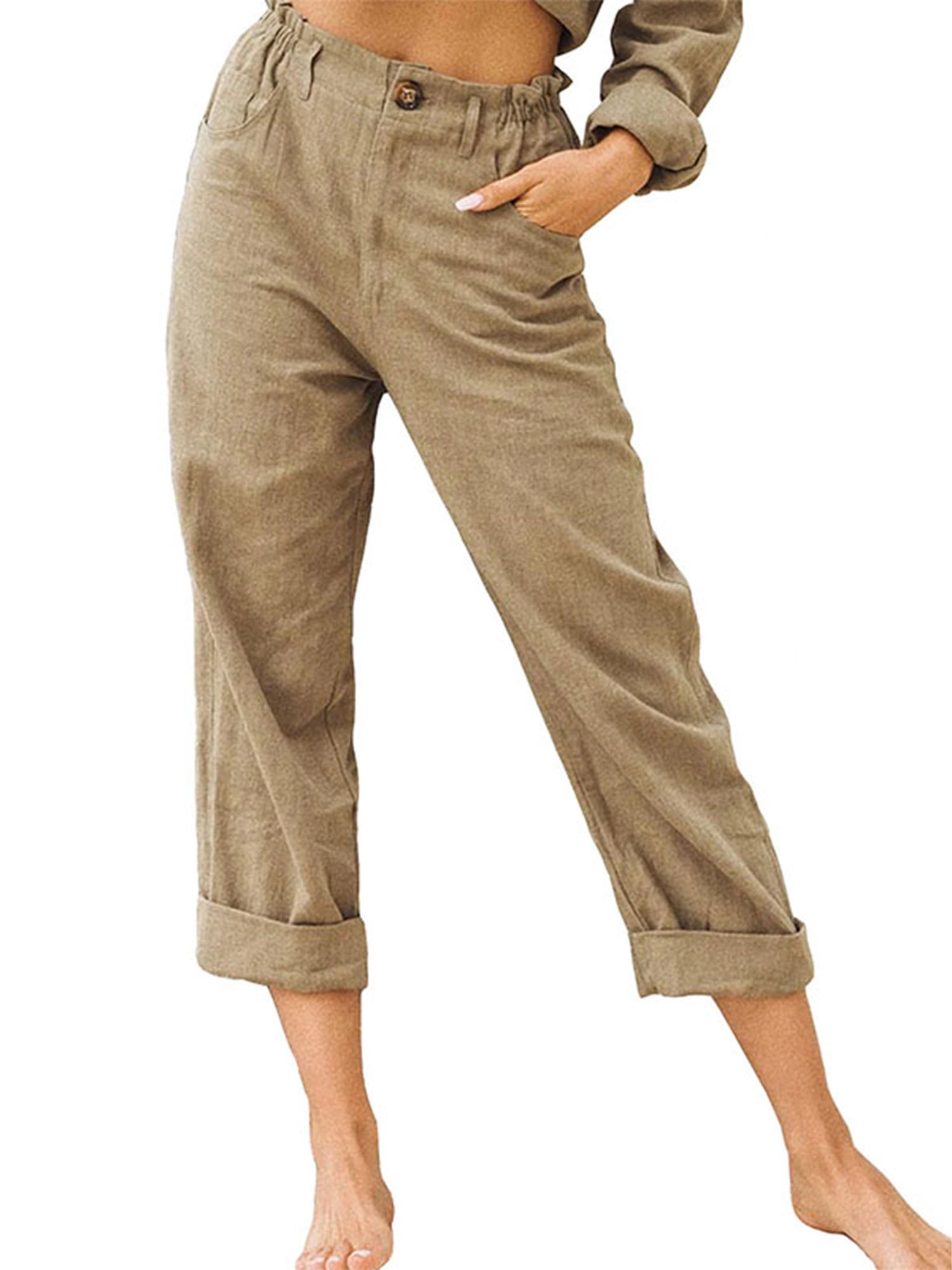 Lumento Women Casual Cotton Linen Pants Elastic Waist Relaxed Fit Pants ...