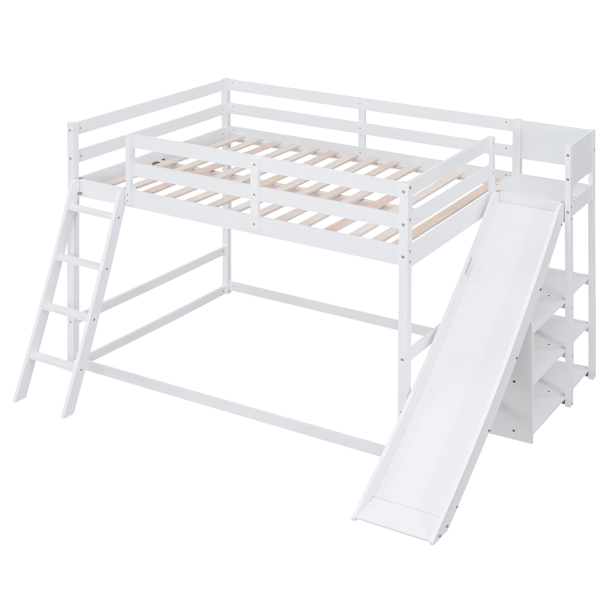 Euroco Wood Full over Full Bunk Bed with Slide and Ladder, 3-Tier Shelf for Kids Teens Bedroom, White