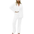 thumbnail image 2 of Womens Two Piece Shirts Suits Sets Casual Long Sleeve Button-Down Collar Shirt Wide Leg Pants Solid Knitted Soft Going Out Loungewear Outfits, 2 of 8