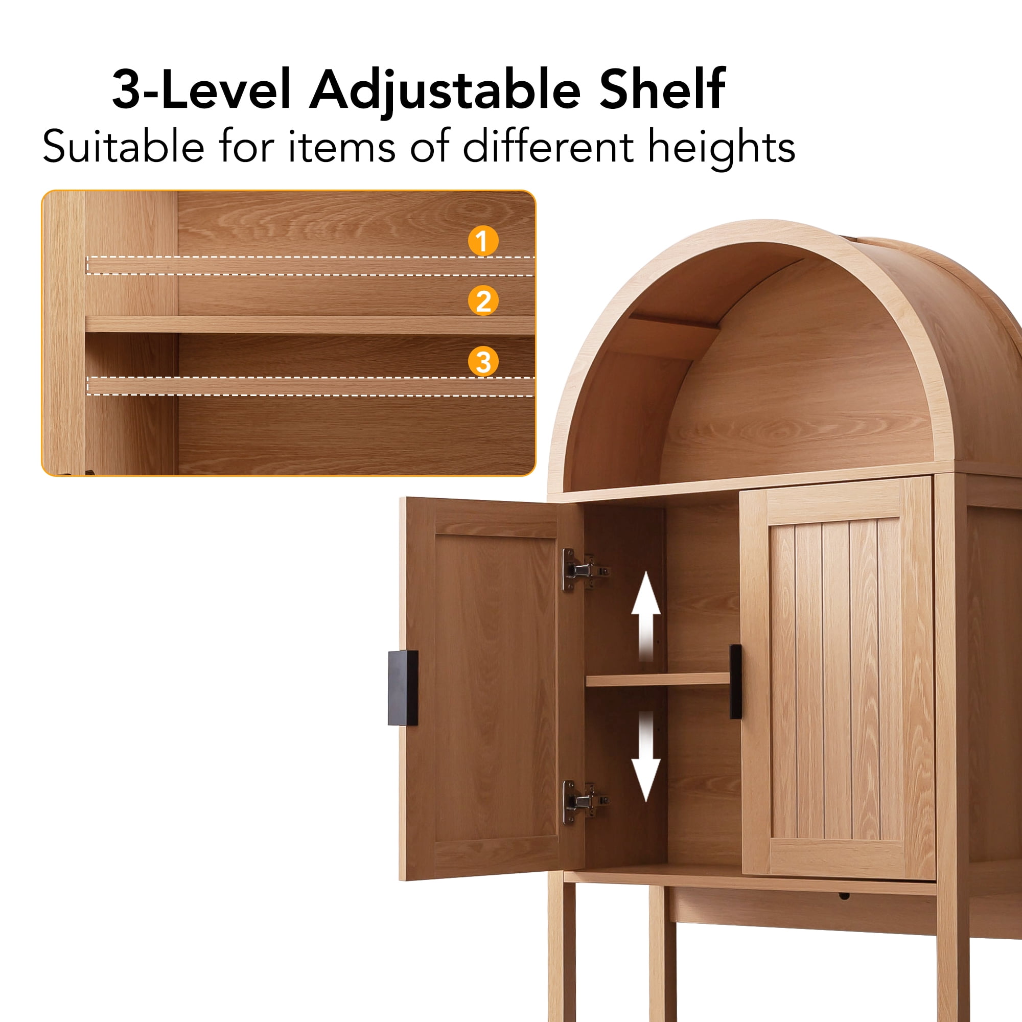 OONNEE 71" Arched Over the Toilet Storage Cabinet with 0.6" Thick MDF Frame, Freestanding Bathroom Organizer with 5-Position Adjustable Bar and Soft-Close Doors, Natural Wood