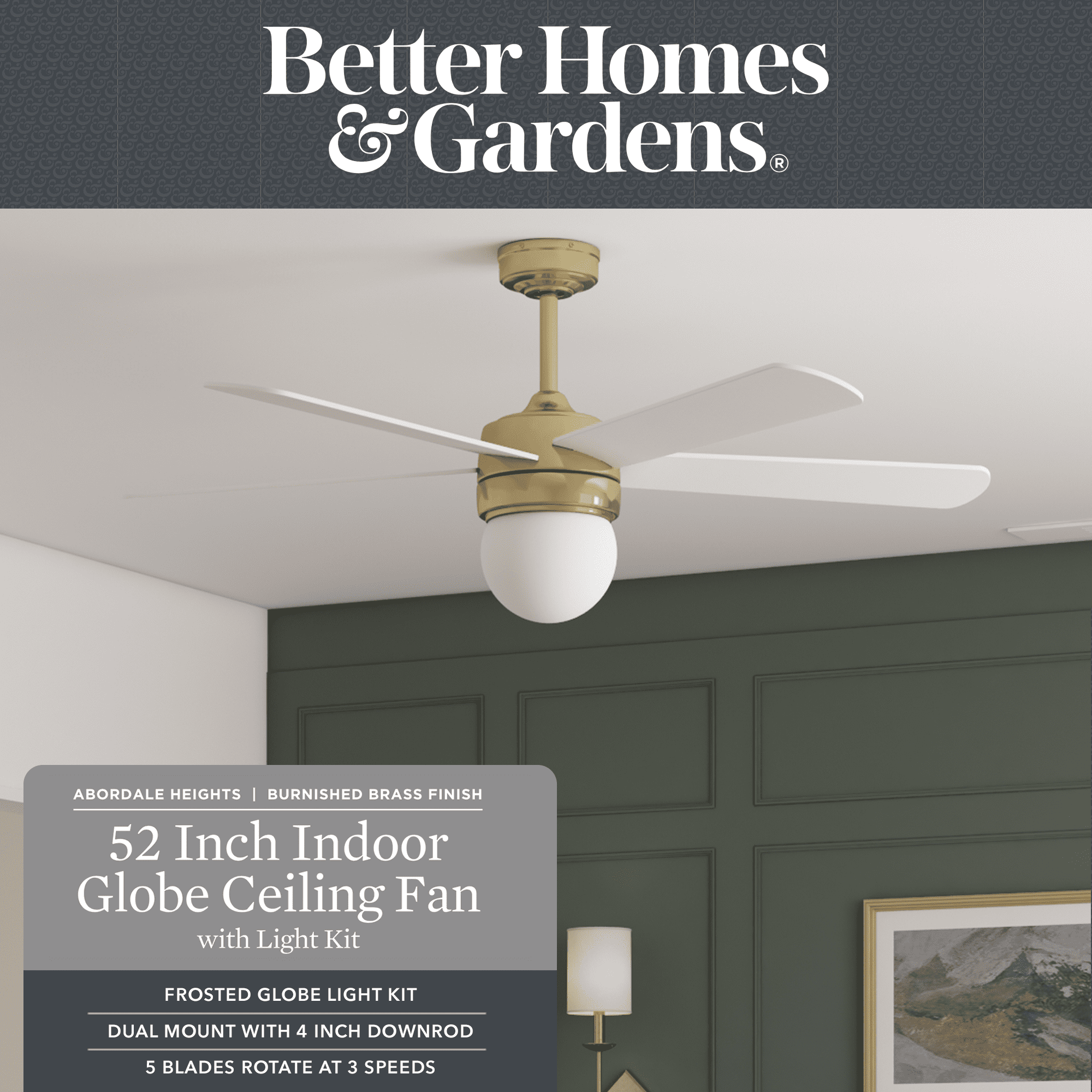 Better Homes & Gardens 52" Gold Modern Indoor Ceiling Fan with Light, 5 Blades, Remote & Reverse Airflow