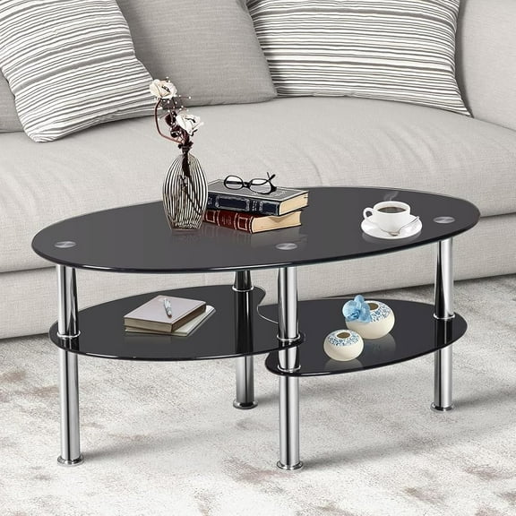 XgoodX Glass Coffee Table, 3-Tier Sofa Side Table with Metal Tube Legs and Open Shelves, Modern Oval Coffee End Table for Living Room Office (Black)