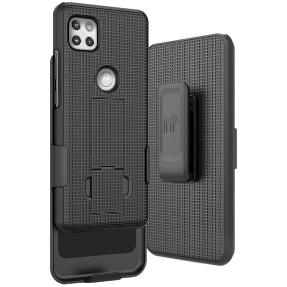Nakedcellphone Case with Clip Compatible with Motorola One 5G Ace, Slim Kickstand Phone Cover [Grid Texture] with [Rotating/Ratchet] Belt Hip Holster Accessory Combination for Moto XT2113