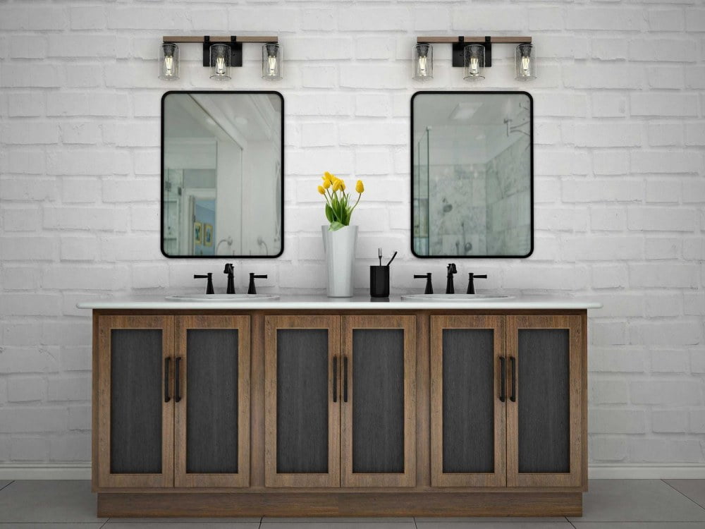 Barnes Mill Collection Three-Light Antique Bronze Clear Seeded Glass Farmhouse Bath Vanity Light