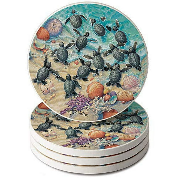 CounterArt "Turtle Hatchlings" Round Single Image Absorbent Stone Coaster 4 Pack
