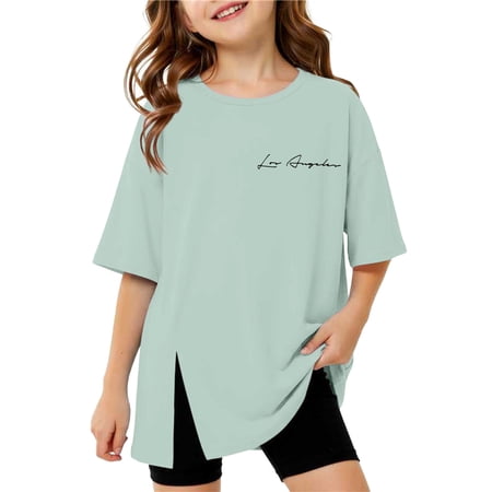 BUWTTER Girls Tshirts Fashion Casual Split Short Sleeve Round Neck Blouse Tee Kids Youth Oversized Loose Fit Green Shirt Size 3-4 Y