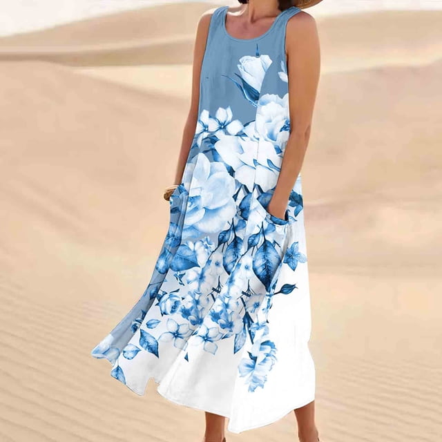 FcBaudy Robe Sans Manches à Col Rond, Robes d'Été pour Femmes, Robes pour Femmes Robe Sans Manches et en Lin à la Mode à Col Rond Imprimée Longue Robe Femme