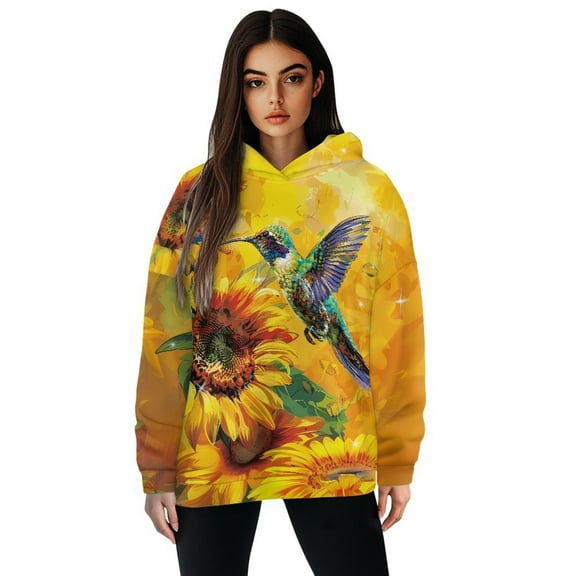COEQINE Oversized Women's Hoodies Sweatshirts Pullover Long Sleeves Loose Comfy Fit Cozy Hummingbird and Sunflower Fashion Y2K Hooded Sweatshirt Women Lightweight Casual, S