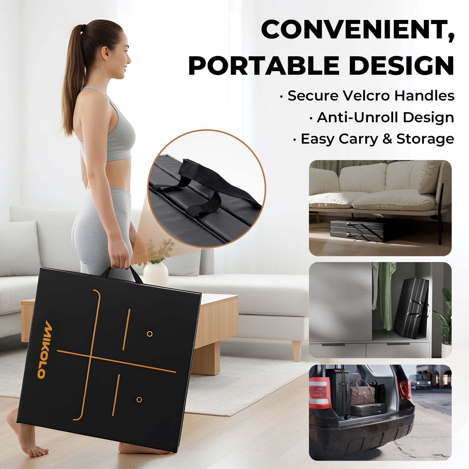 Mikolo Tri-Fold Folding Gymnastics Mat Anti Tear Yoga Mat Carrying Handles for Home Gym , Thick Portable Exercise Mat and Tumbling Mat for Stretching, Pilates, Aerobics Workouts