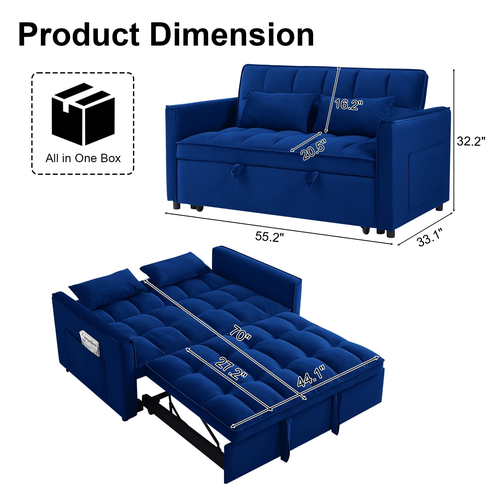 Aisword 3 in 1 Convertible Sleeper Sofa Bed, 55'' Loveseat Sleeper Sofa, Pull Out Couch Bed with Side Pocket & Adjustable Backrest for Living Room, Velvet Fabric, Blue