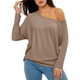 thumbnail image 2 of Women's Asymmetrical Long Sleeve Top Off Shoulder Oversized T Shirts Oversized Tshirts Long Sleeve Regular and Plus Size Tops,Coffee L, 2 of 5