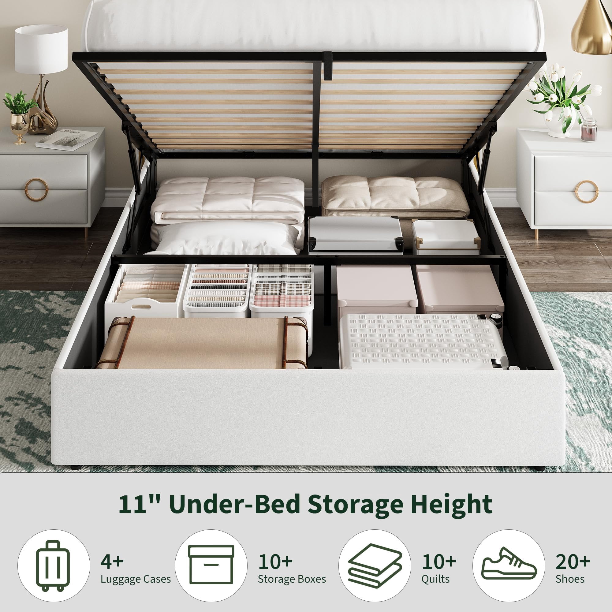 Queen Size Velvet Lift Up Storage Bed Frame, Hydrualic Underneath Storage, Upholstered Platform Bed, Wooden Slats Support, No Box Spring Needed