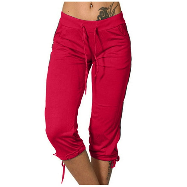 Timegard Womens Yoga Leggings Mid Waisted Drawstring Cinch Bottom Capri Pants Workout Trousers with Pockets