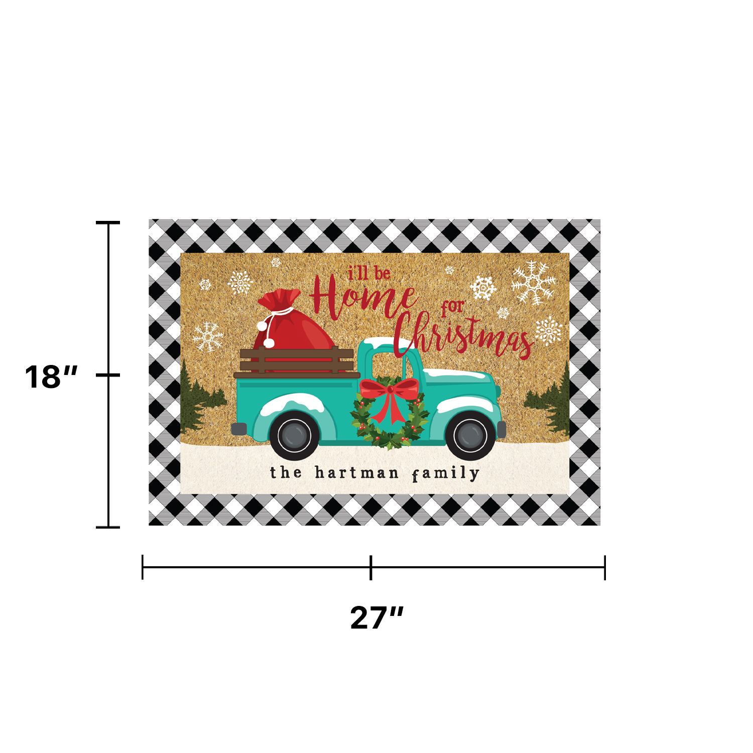 Personalized Planet 27x18 I'll Be Home For Christmas with Santa Sack in Vintage Pickup Truck Doormat with Custom Family Name Printed on Rectangular 1/8” Thick Non Slip Mat for Kitchen Deck or Porch