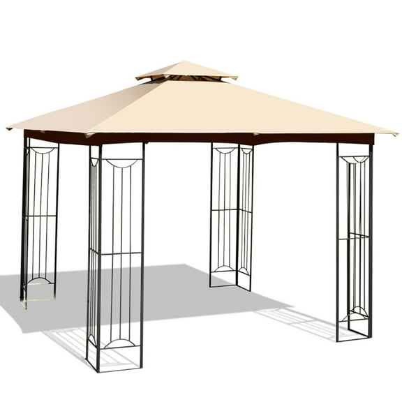 Resenkos 10 x 10 Feet L-Shaped Patio Canopy Gazebo Outdoor 2-Tier Steel Tent-Beige, Outdoor Gazebo Wedding Party Tent Canopy Tent for Outside Party Waterproof Tent