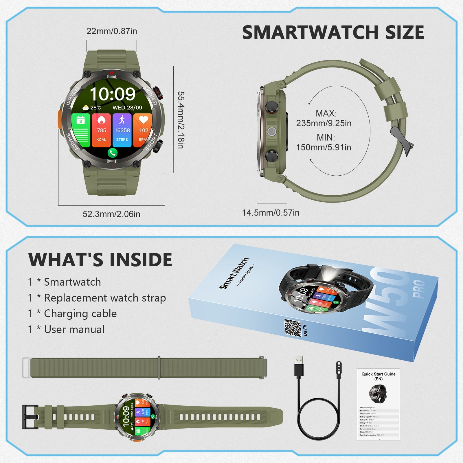 Blackview 1.45" Waterproof Military Smartwatch for Men,with Calling,Flashlight,Compass,100+ Sports Modes,960mAh Battery,fits for iPhone Android,Green