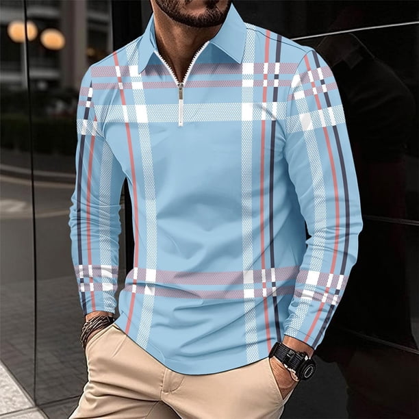 Blusa y camisa de manga larga con cuello vuelto para hombre, informal, con estampado, de manga larga, con solapa y media cremallera, deportiva, de poliéster.