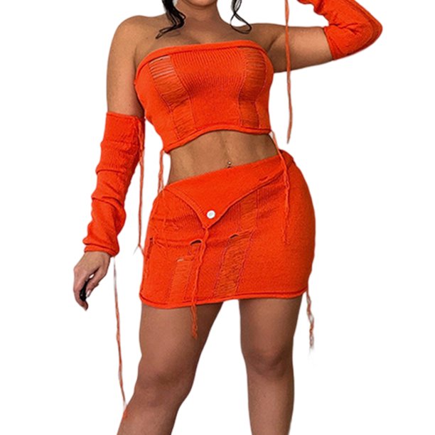 Blusas De Punto Minifaldas Trajes de ganchillo de 2 piezas para damas, cuello redondo, ombligo expuesto, atuendo diario (naranja S) Cgtredaw Para estrenar