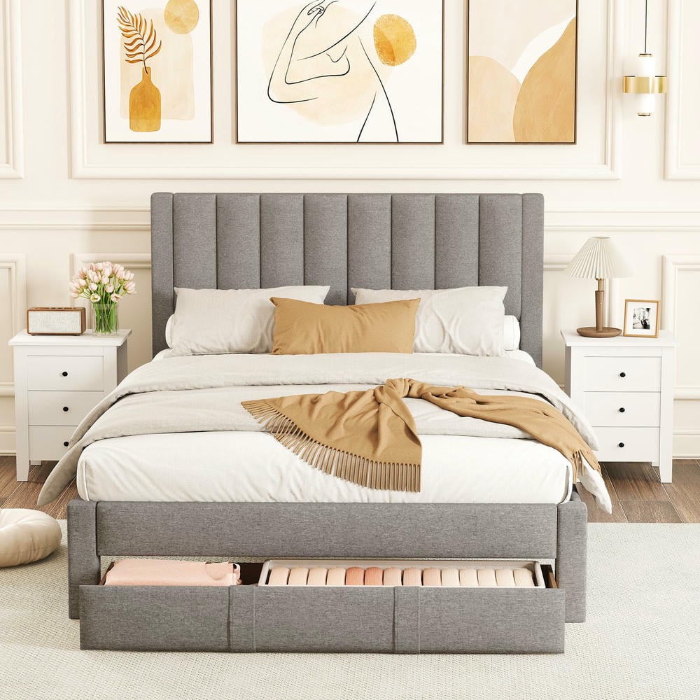 Barara King Queen Size Bedroom Bed Frame with Storage Drawer and Vertical Channel Headboard, Bed Platform Frame for Apartment, Bedroom, Beige