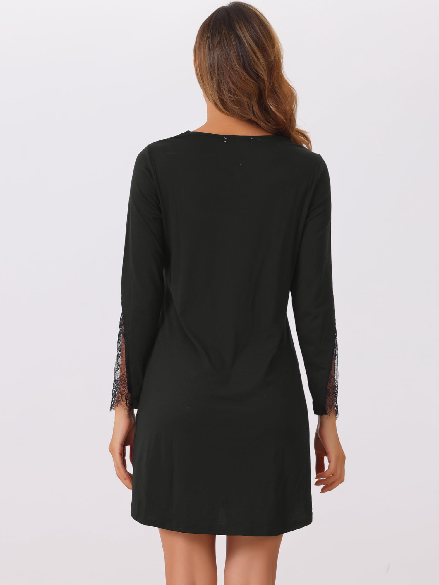 DARING DIVA Women's Lace Trim Pajama Dress V-Neck Long Sleeve Nightgowns XS Black