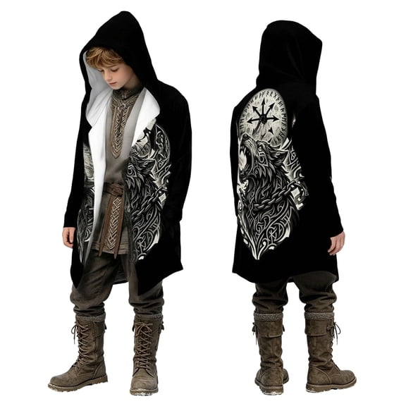 Zylarhe Boys Halloween Capes Norse Long Tunic Cape Coat with Hood for Playtime Black 4-5 Years